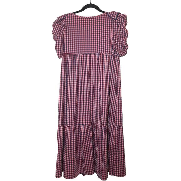Zara Women’s Gingham Ruffle Prairie Midi Dress Pink/Navy Blue Size Medium - Picture 3 of 9